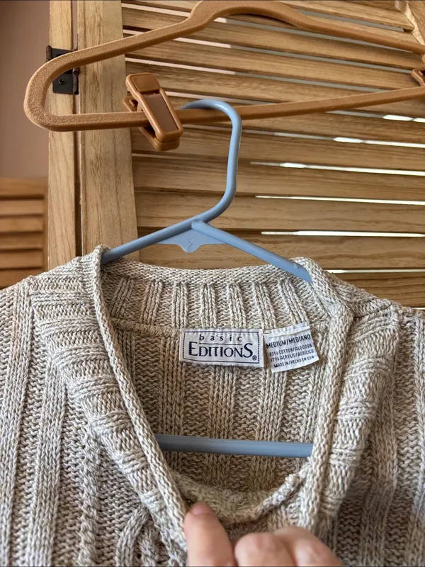 Basic Editions Neutral Beige Cable Knit Short Sleeve Sweater Medium - Image 3