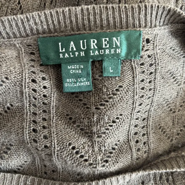 Ralph Lauren Silk Cashmere Sweater Womens‎ Large Green Brown Pointelle Open Knit - Image 9