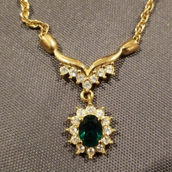 Gold and Jewel Pendant Necklace and Earrings Set - Image 2