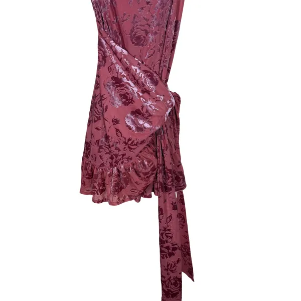 Free People Intimately Floral Burnout Velvet Wrap Mini Dress Wine XS - Image 3