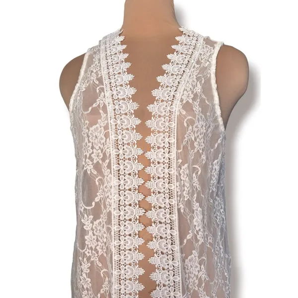 Polly & Esther Lace Duster Vest Sheer Boho Romantic Beach Western Sleeveless Layering Piece - Image 2