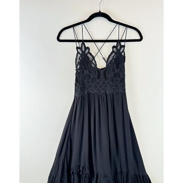 Free People Womens Dress Black Adella Mini Slip Strappy V Neck Flowy Fairy Small - Image 7