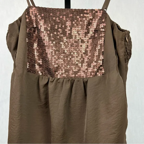 Lulumari Tank Top Womens Medium Brown Sequins Front Smocking Waist Satin Blouse - Image 3