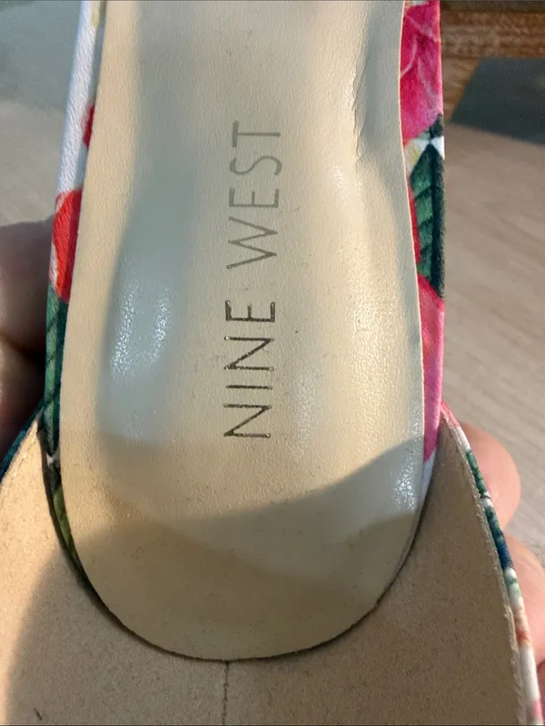 Nine West Floral Open-Toe Ankle-Strap Block Heels in Pink and Green - Image 9