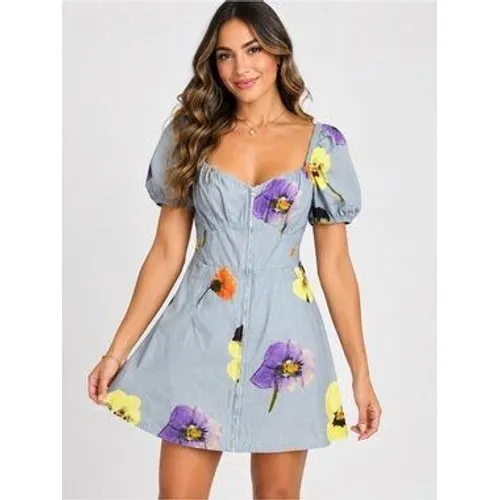 Obey NWT Redux Dress Opal Multi Floral Pansy Blue Cotton Mini Puff Sleeve Size M - Image 6