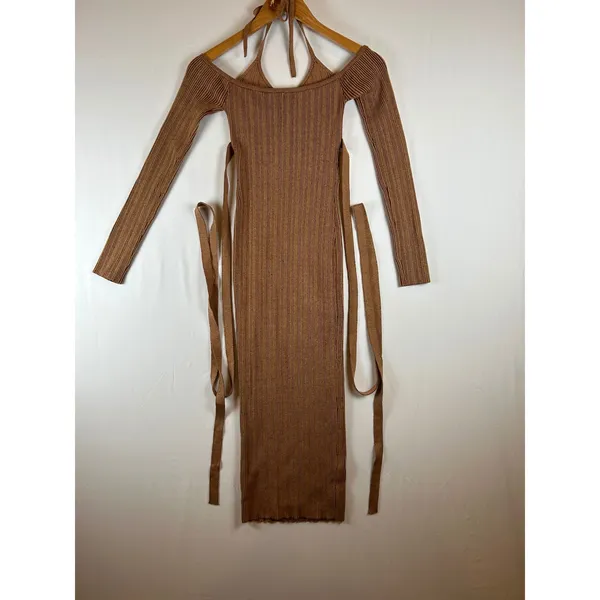NBD Brown Ribbed Knit Stasia‎ Halter Wrap Midi Dress Small - Image 2