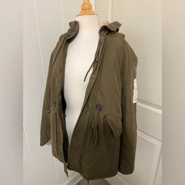 Moussy Utility Army Green Pink Fur‎ Military Patchwork Jacket Parka Size 2 - Image 7