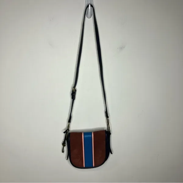 Fossil Rumi blue Cabernet striped suede leather flap crossbody‎ bag small - Image 3