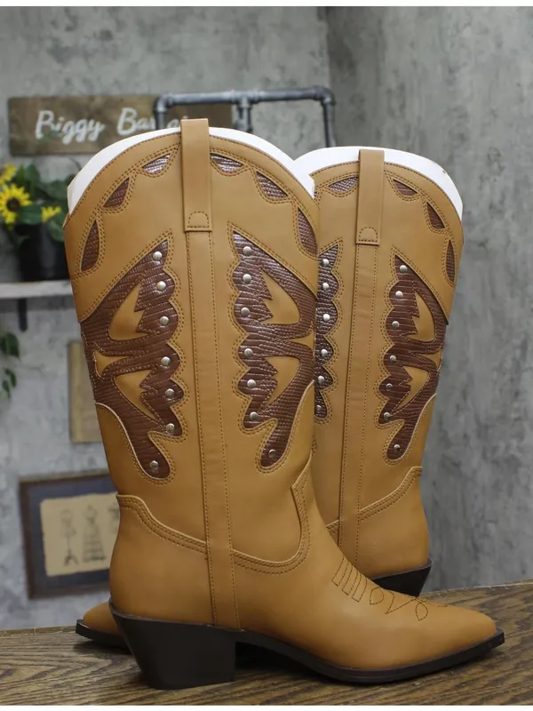 NWT Madden Girl Faux Leather Stud Pointed Toe Western Boots Natural Brown 8M - Image 16