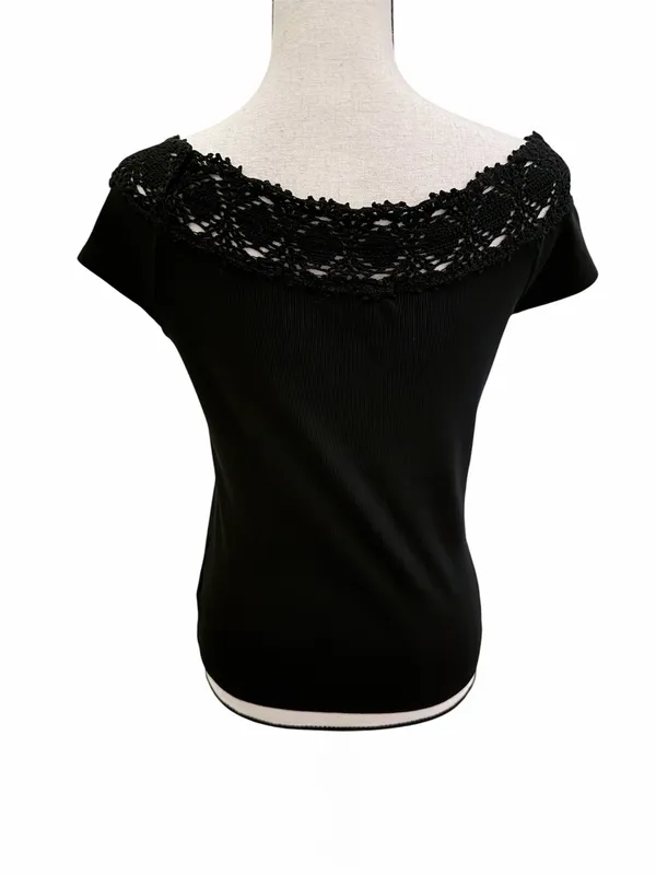 Lauren Ralph Lauren Black Crochet Yoke Boat Neck Cap Sleeve Blouse Staple Size M - Image 3