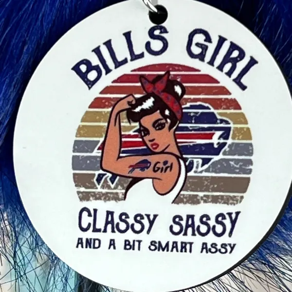 NFL Inspired Bills Girl Round Keychain With Faux Fur Pom Pom New - Image 2