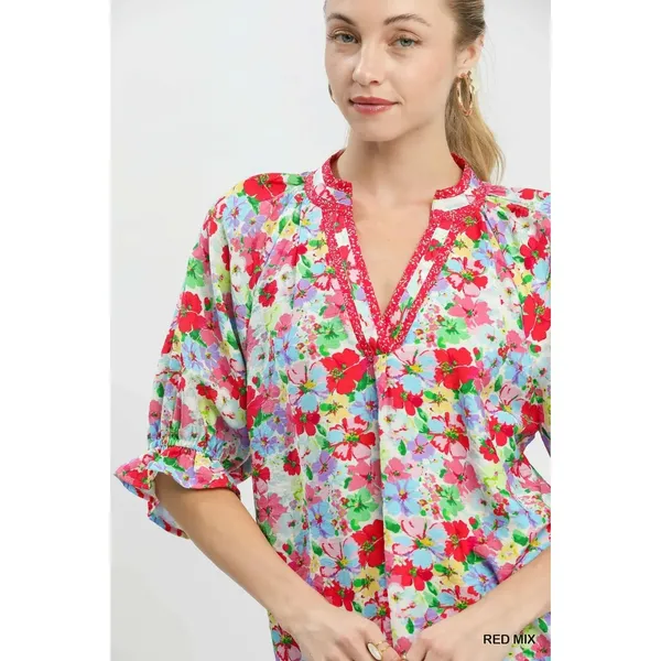 Umgee Mix Floral Print‎ Ruffle Top - Red- Small - Image 4