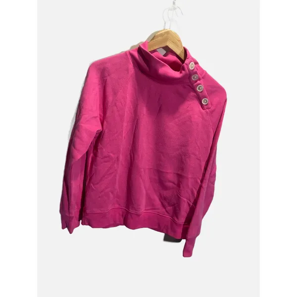 J.Crew‎ Sweatshirt Women Medium Pink Button Funnel Neck Raglan Fleece Pullover - Image 2