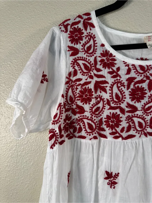 Raga White Red Embroidered Floral Babydoll Blouse Womens L Boho Cotton Top - Image 12