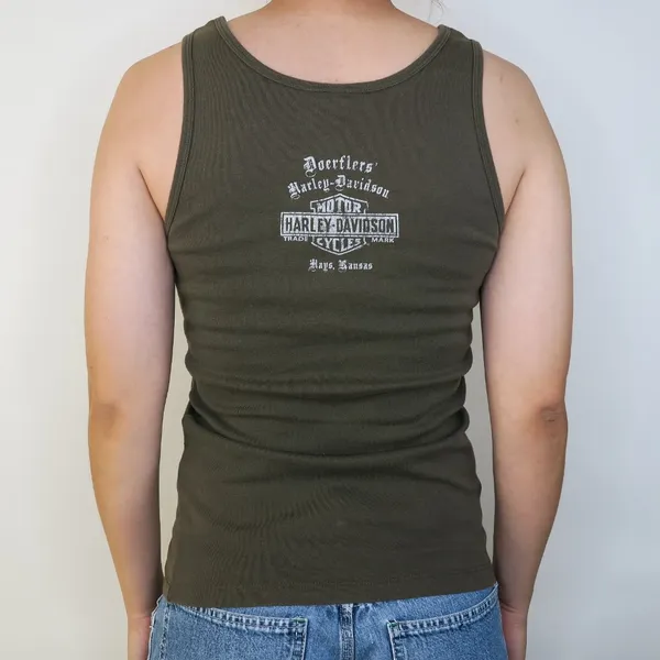 Y2K 2007 Harley Davidson Army Green Sparkly Logo Tank Top - Image 4
