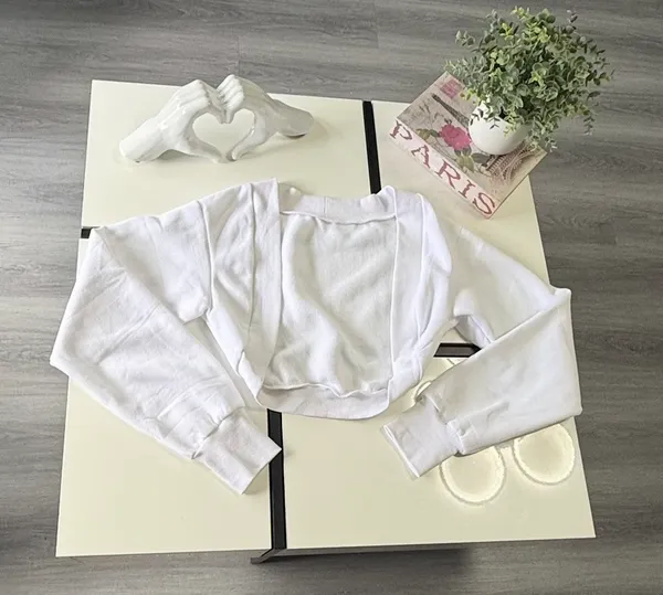 White Cropped Open-Front Shrug Sweatshirt with Thumbholes - Size S - Image 7