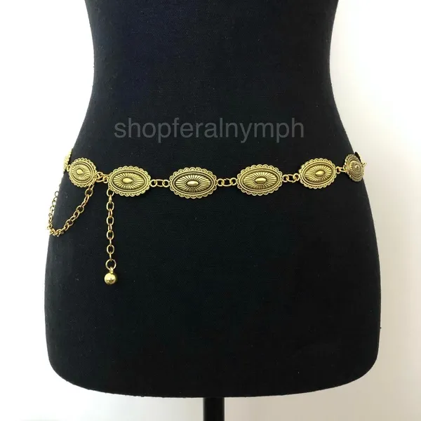 Vintage Y2K Western Gold-Tone Concho Chain Belt, Fits 16–39.5 Inches, X7GA1216 - Image 2