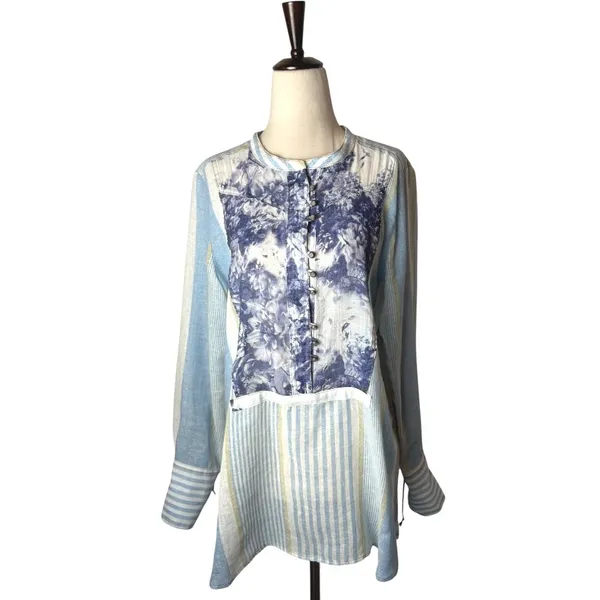 Soft Surroundings‎ Shirt Women Medium Blue Floreale Striped Popover Linen Top - Image 2