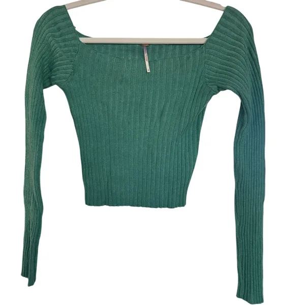 Free People Madeline Green Ribbed Long Sleeve Off The Shoulder Sweater Size S - Image 3