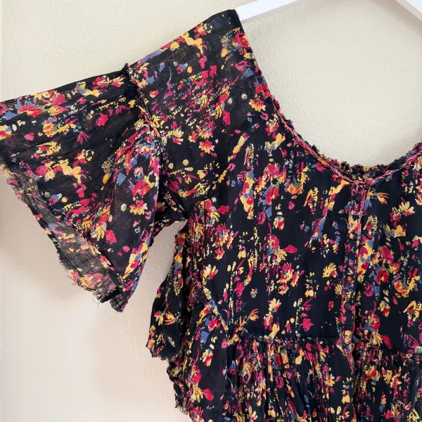 Free People Floral Gauze Cotton‎ Boho Peasant Top Oversized Ruffle Raw Sz Medium - Image 3
