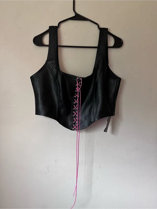 Blackmilk Black Faux Leather Corset Crop Top with Pink Lace-Up - Image 5