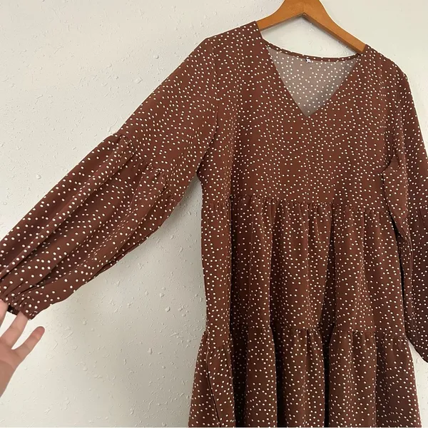 🦋 Brown White Polka Dot Ruffle Long Sleeve Baloon Sleeve Mini Dress Fall XL - Image 2