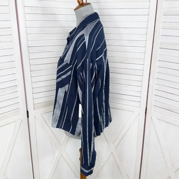 Sandy & Sid Striped Long Sleeve Button‎ Up Crop Shirt Blue White Large - Image 2
