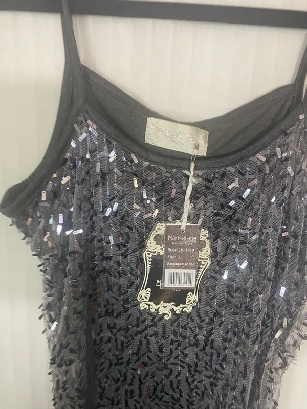 Sparkling Dark Gray Sequin Spaghetti Strap Tank Black Size L - Image 3