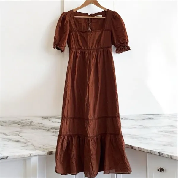Reformation Bekkah Crocheted Lace Trim Organic Cotton Midi Dress in Cinnamon XS - Image 8