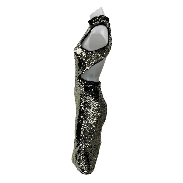 H&M Women's Black Silver Sleeveless Metallic Sequin Cutout Bodycon Midi Dress 4 - Image 2