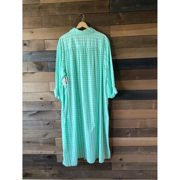 Vintage Mint Green Gingham Nightgown Button Front Midi Sleep Dress - Image 11