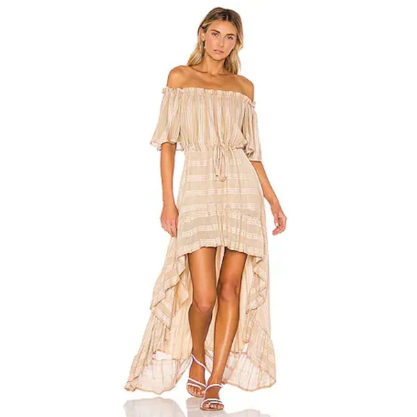 Sundress Womens Dress Beige Hi Low Off The Shoulder Striped Fit Flare Flowy XS/S - Image 3