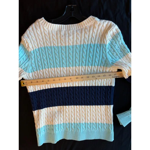 Lands End Drifter Cable Knit Sweater Blue Cream Striped Cotton Crew Neck S 6-8 - Image 6