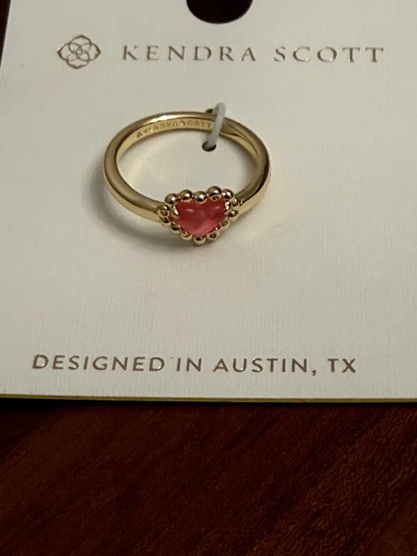 Kendra Scott Pink Heart Gemstone Gold-Plated Ring Anna Framed Jewelry Size 8 - Image 3