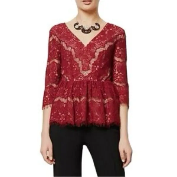 Anthropologie Maeve Lace Peplum Top Burgundy Large - Image 3