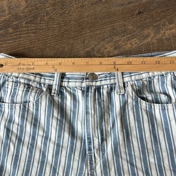 American Eagle Striped High Waisted Denim Shorts Blue White Cuffed Size 27w - Image 4