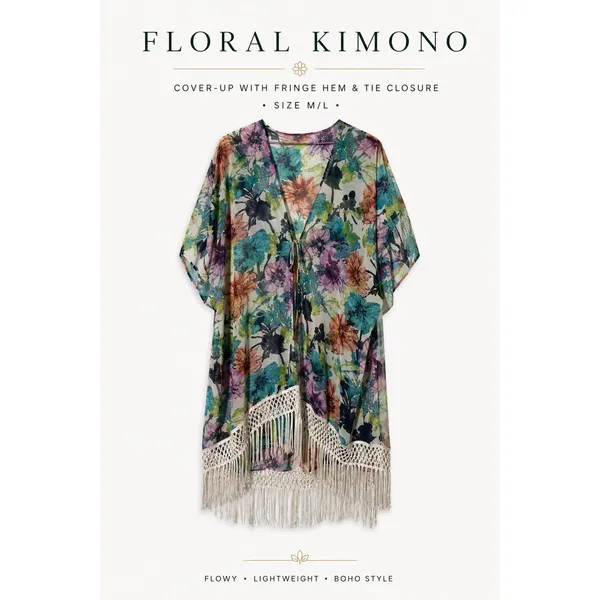 Floral Kimono Cover-Up With Fringe Hem & Tie Closure Multiple Colors M/L - Image 6
