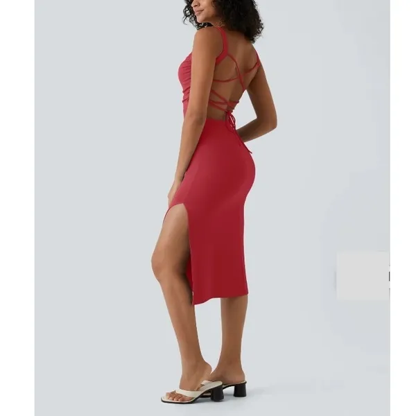 Halara NWT SoftlyZero Ruched Lace Up Bodycon Midi Dress‎ Winterberry w/ Bra S - Image 2