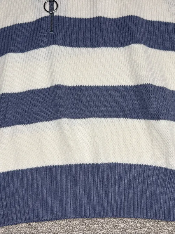 Happy Grey Striped Mock Neck Cotton Cropped Sweater Preppy Coquette - Image 5