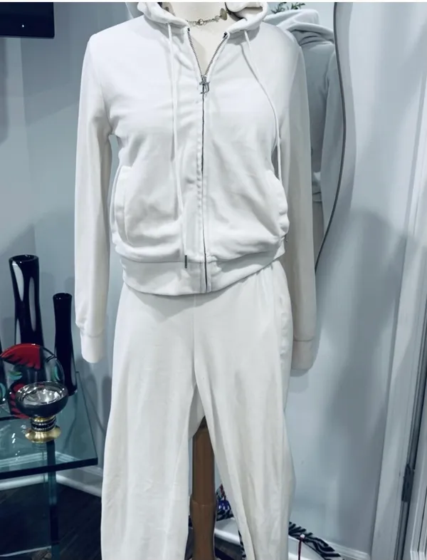 Juicy Couture Bling Velour Tracksuit Jacket Hoodie & Pants in Cream Soda - Image 5