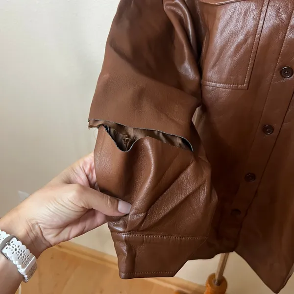 Anine Bing Hutton Faux Vegan leather brown shirt shacket LARGE FLAWED - Image 2