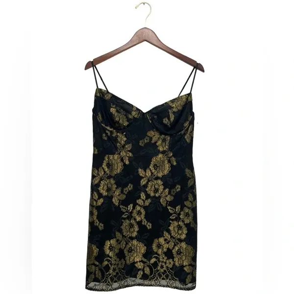 For Love & Lemons Bumble Bustier Mini Dress Black Gold Lace Slip Straps Size M - Image 4