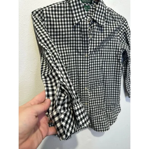 LAUREN RALPH LAUREN Black White Checkered Gingham 100% Cotton Button Up Shirt 0 - Image 8