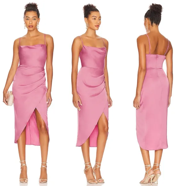 More to Come Adonia Pink Satin Wrap Midi Dress With Cowl Neckline And Tulip Hem - Image 2