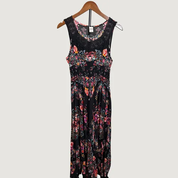 Bila Black Floral Paisley Crochet Lace Smocked Waist Maxi Dress Small YQ023 - Image 5