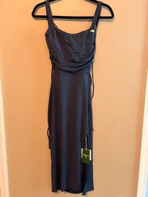 Halara S Navy Midi Dress Lace Up Side Cutouts & Ruched Details Size Small Nylon - Image 4