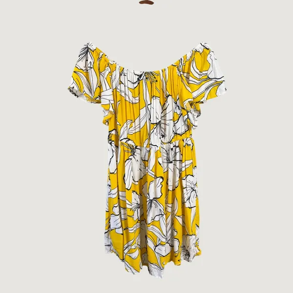 Margaux Riviera Yellow Floral Off Shoulder Button Front Mini Dress Large - Image 3