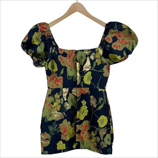 Lulus So Stunning Navy Blue Floral Jacquard Puff Sleeve Mini Dress Size Small - Image 3