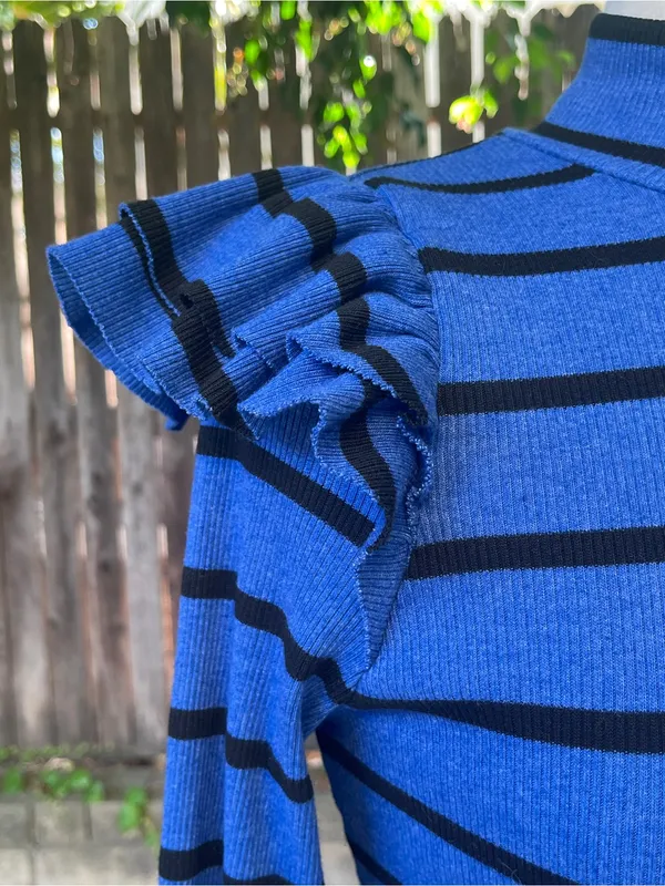 NWT Anthropologie T. La Ruffled turtleneck Top blue black minimalist fall chic M - Image 6