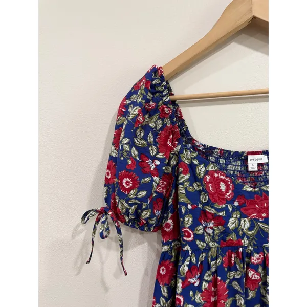 Pepper Floral Puff Sleeve Mini Dress Blue Red Smocked Back Coquette Size L - Image 5
